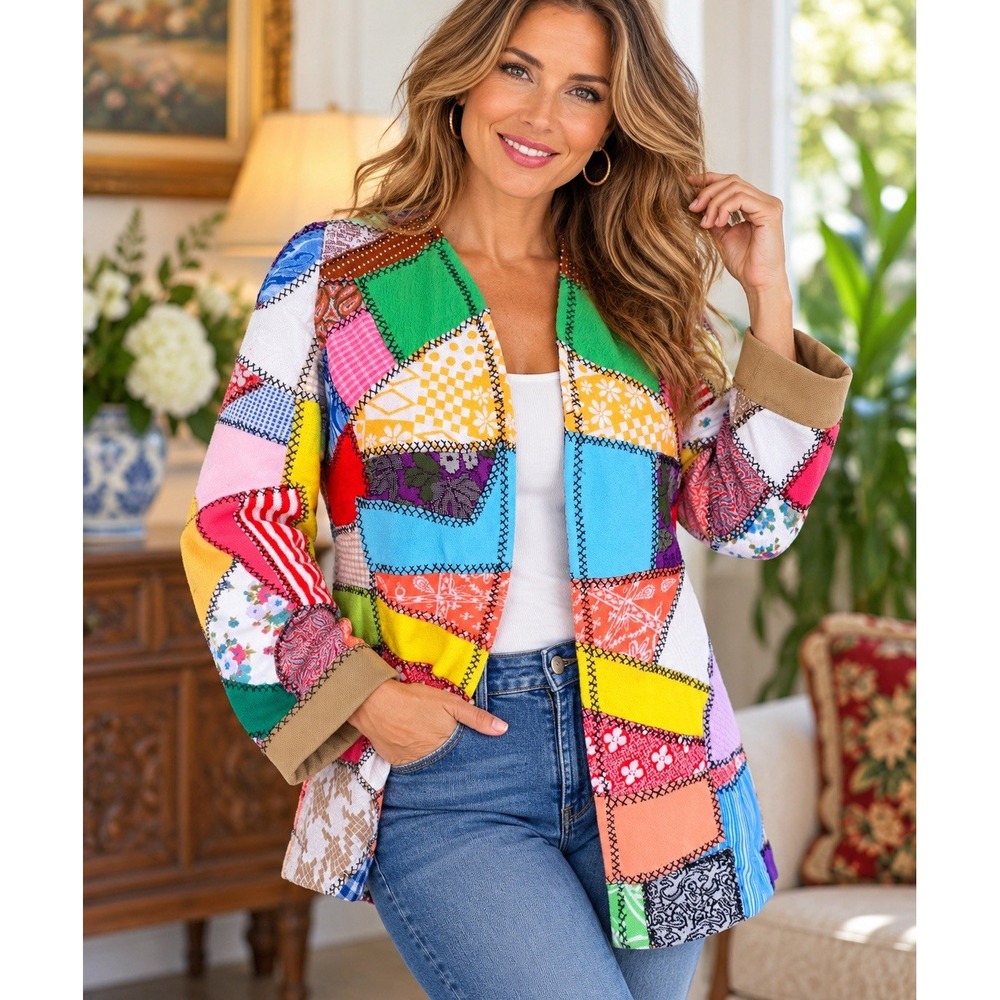 Vintage 1970s Handmade Patchwork Coat of Many Colors Crazy Quilt Jacket USA Sz L